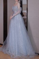 A line Off The Shoulder Tulle Gray Party Dresses Long Prom Dresses